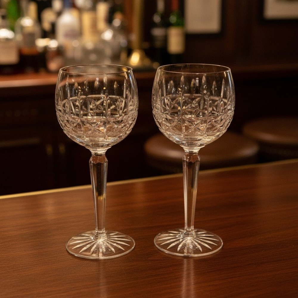 Set of 2 Waterford Lismore Crystal Hock Wine Glasses - 7.5" - Signed